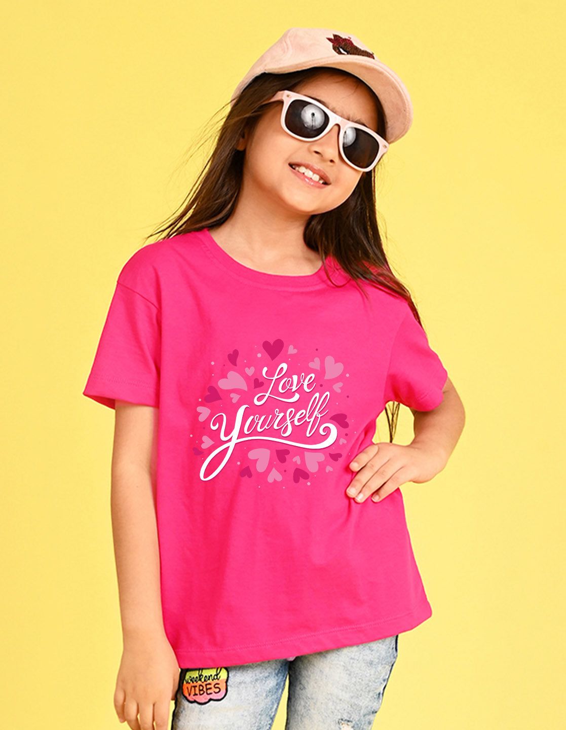 Nusyl Girl's Hot Pink Love Yourself Text Printed Cotton blend Half Sleeve Drop Shoulder Oversized T-Shirt