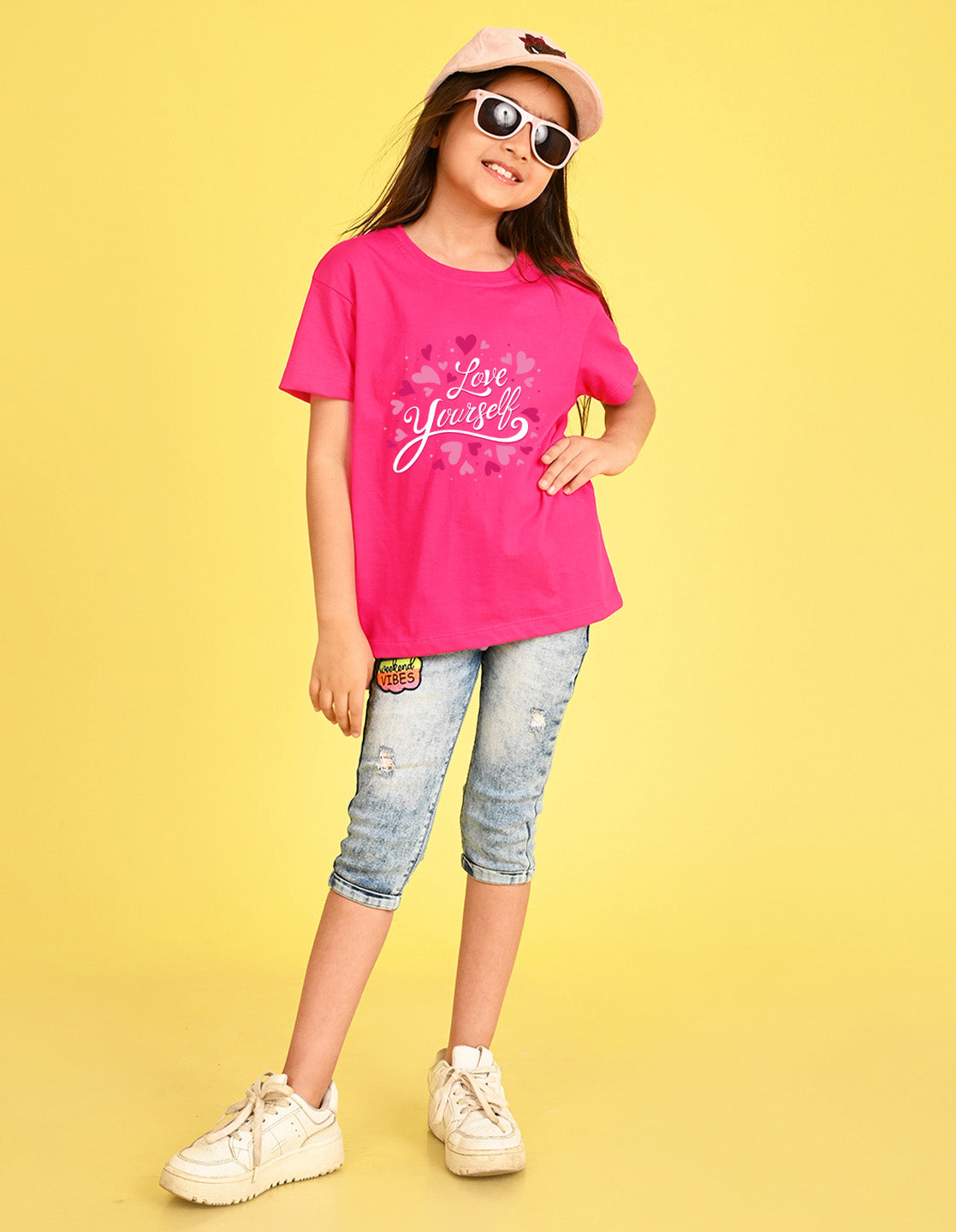 Nusyl Girl's Hot Pink Love Yourself Text Printed Cotton blend Half Sleeve Drop Shoulder Oversized T-Shirt
