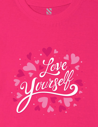 Nusyl Girl's Hot Pink Love Yourself Text Printed Cotton blend Half Sleeve Drop Shoulder Oversized T-Shirt