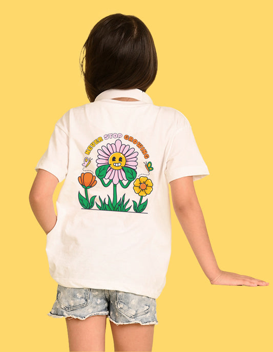 Nusyl Girl's White Smiley Face Flower Printed Cotton blend Half Sleeve Drop Shoulder Oversized T-Shirt