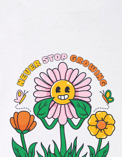 Nusyl Girl's White Smiley Face Flower Printed Cotton blend Half Sleeve Drop Shoulder Oversized T-Shirt