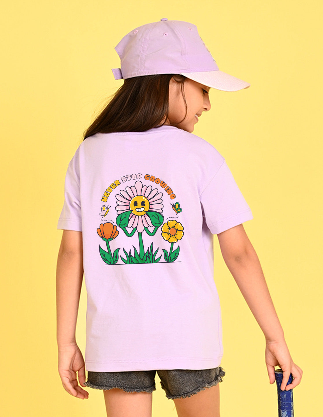 Nusyl Girl's Lilac Smiley Face Flower Printed Cotton blend Half Sleeve Drop Shoulder Oversized T-Shirt