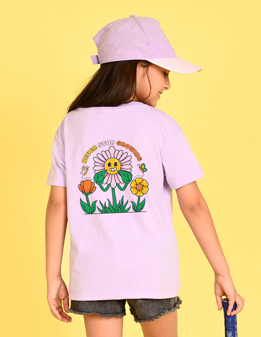 Nusyl Girl's Lilac Smiley Face Flower Printed Cotton blend Half Sleeve Drop Shoulder Oversized T-Shirt