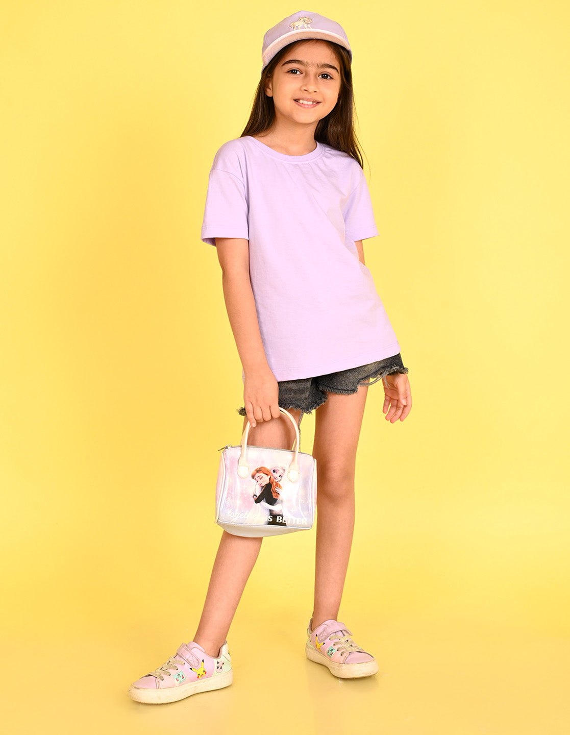 Nusyl Girl's Lilac Smiley Face Flower Printed Cotton blend Half Sleeve Drop Shoulder Oversized T-Shirt