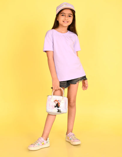Nusyl Girl's Lilac Smiley Face Flower Printed Cotton blend Half Sleeve Drop Shoulder Oversized T-Shirt