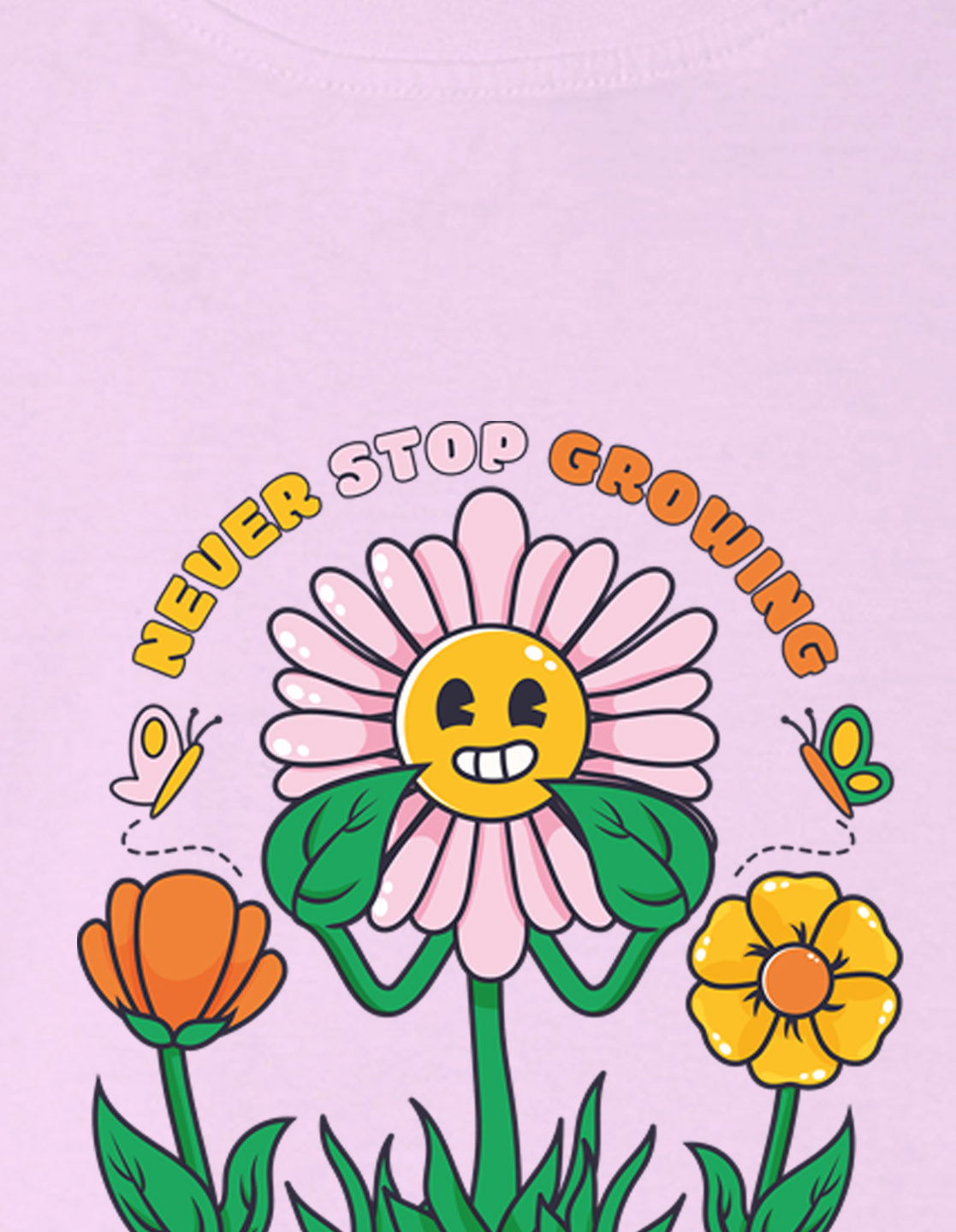 Nusyl Girl's Lilac Smiley Face Flower Printed Cotton blend Half Sleeve Drop Shoulder Oversized T-Shirt