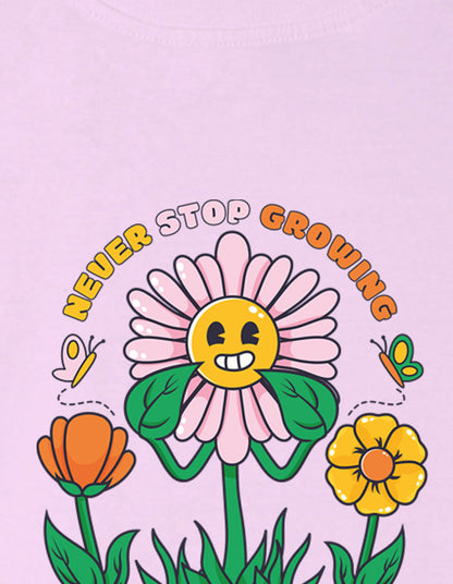 Nusyl Girl's Lilac Smiley Face Flower Printed Cotton blend Half Sleeve Drop Shoulder Oversized T-Shirt