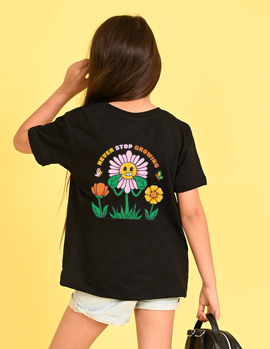 Nusyl Girl's Black Smiley Face Flower Printed Cotton blend Half Sleeve Drop Shoulder Oversized T-Shirt