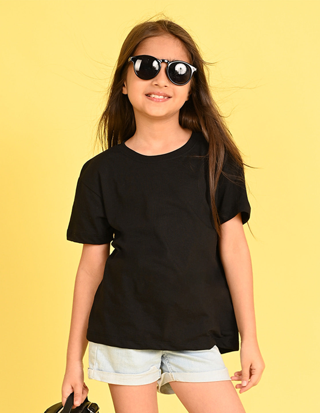 Nusyl Girl's Black Smiley Face Flower Printed Cotton blend Half Sleeve Drop Shoulder Oversized T-Shirt