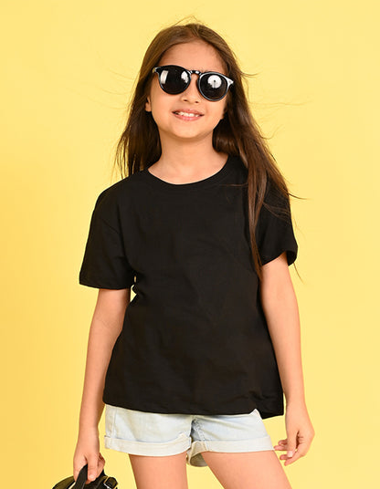 Nusyl Girl's Black Smiley Face Flower Printed Cotton blend Half Sleeve Drop Shoulder Oversized T-Shirt