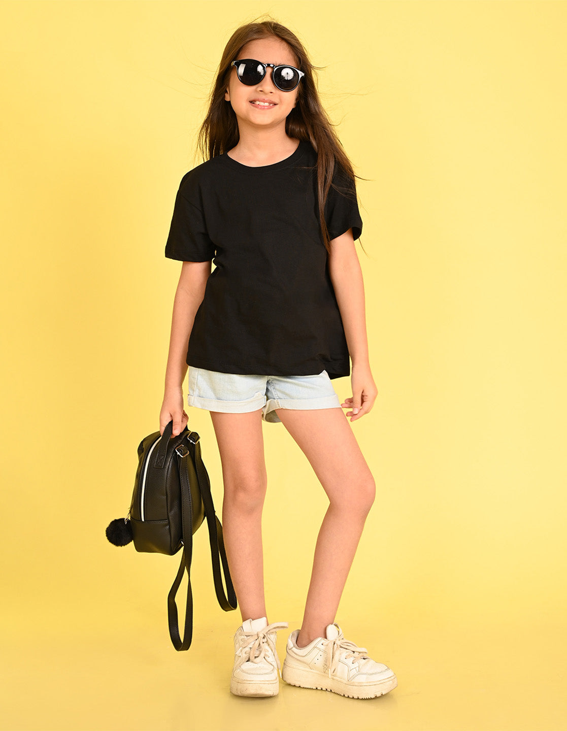 Nusyl Girl's Black Smiley Face Flower Printed Cotton blend Half Sleeve Drop Shoulder Oversized T-Shirt