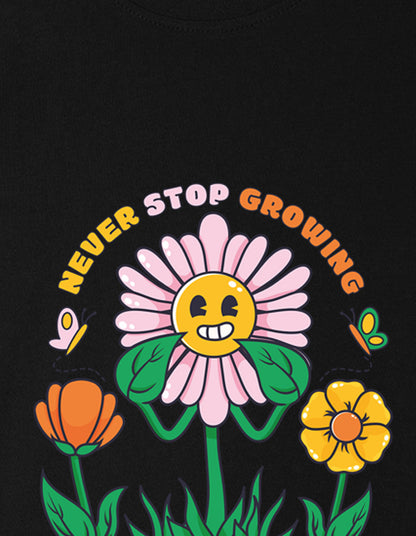 Nusyl Girl's Black Smiley Face Flower Printed Cotton blend Half Sleeve Drop Shoulder Oversized T-Shirt