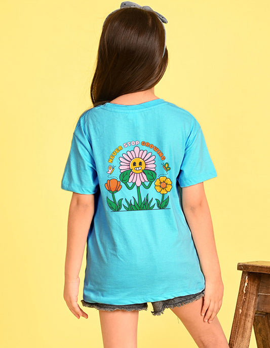 Nusyl Girl's Sky Blue Smiley Face Flower Printed Cotton blend Half Sleeve Drop Shoulder Oversized T-Shirt