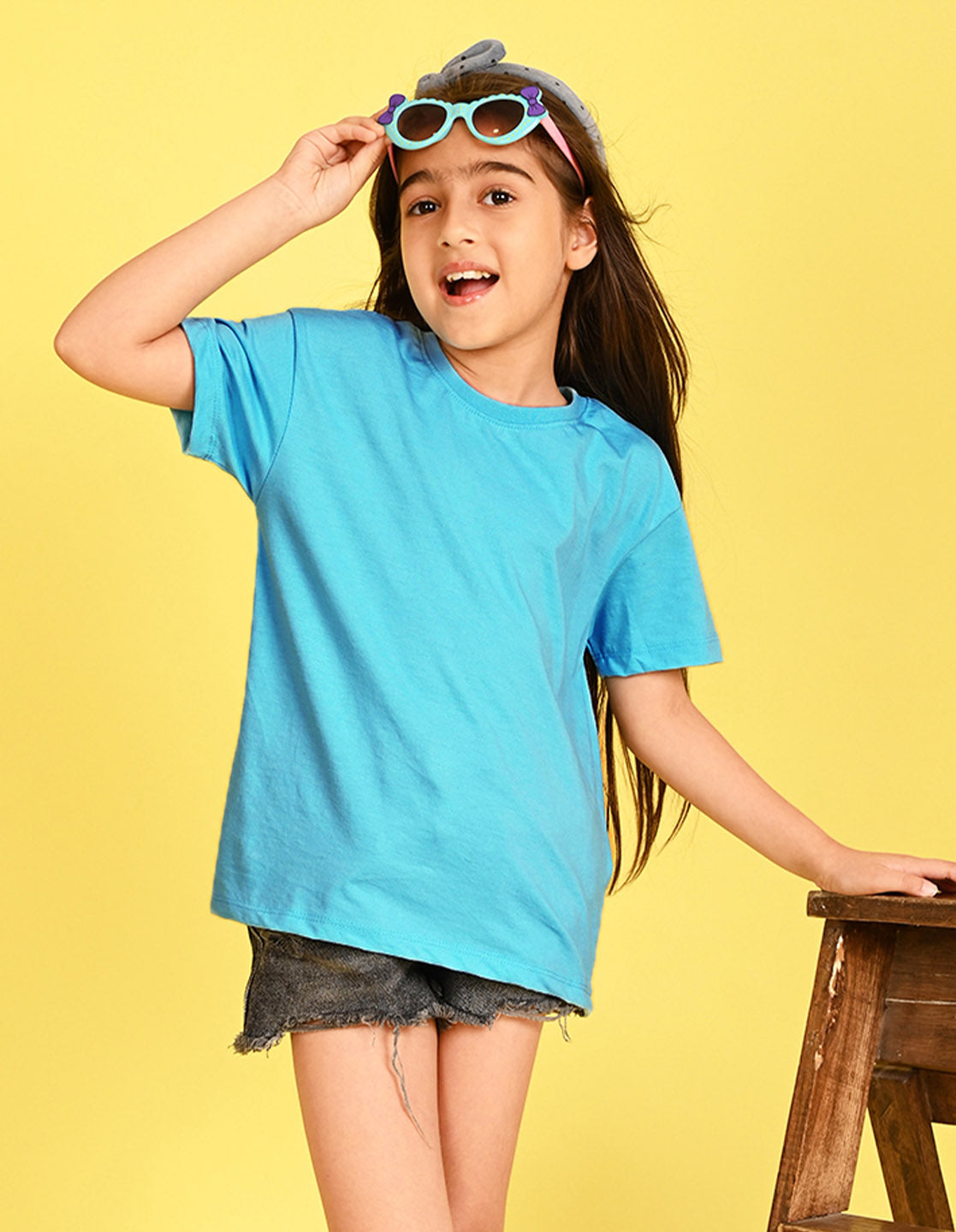 Nusyl Girl's Sky Blue Smiley Face Flower Printed Cotton blend Half Sleeve Drop Shoulder Oversized T-Shirt