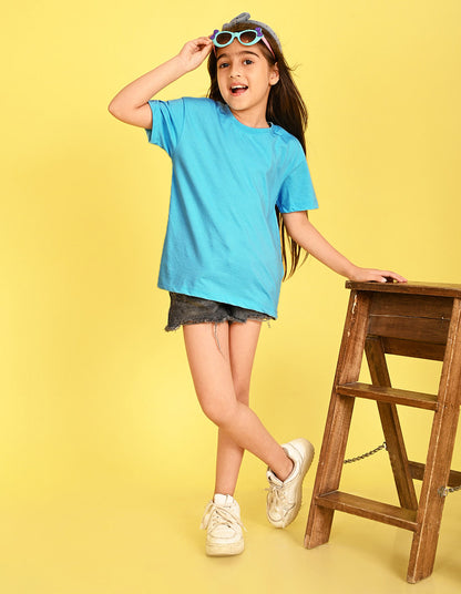 Nusyl Girl's Sky Blue Smiley Face Flower Printed Cotton blend Half Sleeve Drop Shoulder Oversized T-Shirt