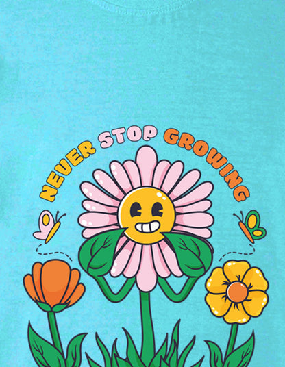 Nusyl Girl's Sky Blue Smiley Face Flower Printed Cotton blend Half Sleeve Drop Shoulder Oversized T-Shirt