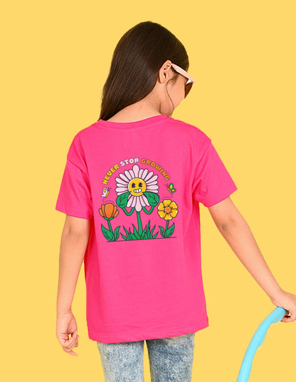 Nusyl Girl's Hot Pink Smiley Face Flower Printed Cotton blend Half Sleeve Drop Shoulder Oversized T-Shirt