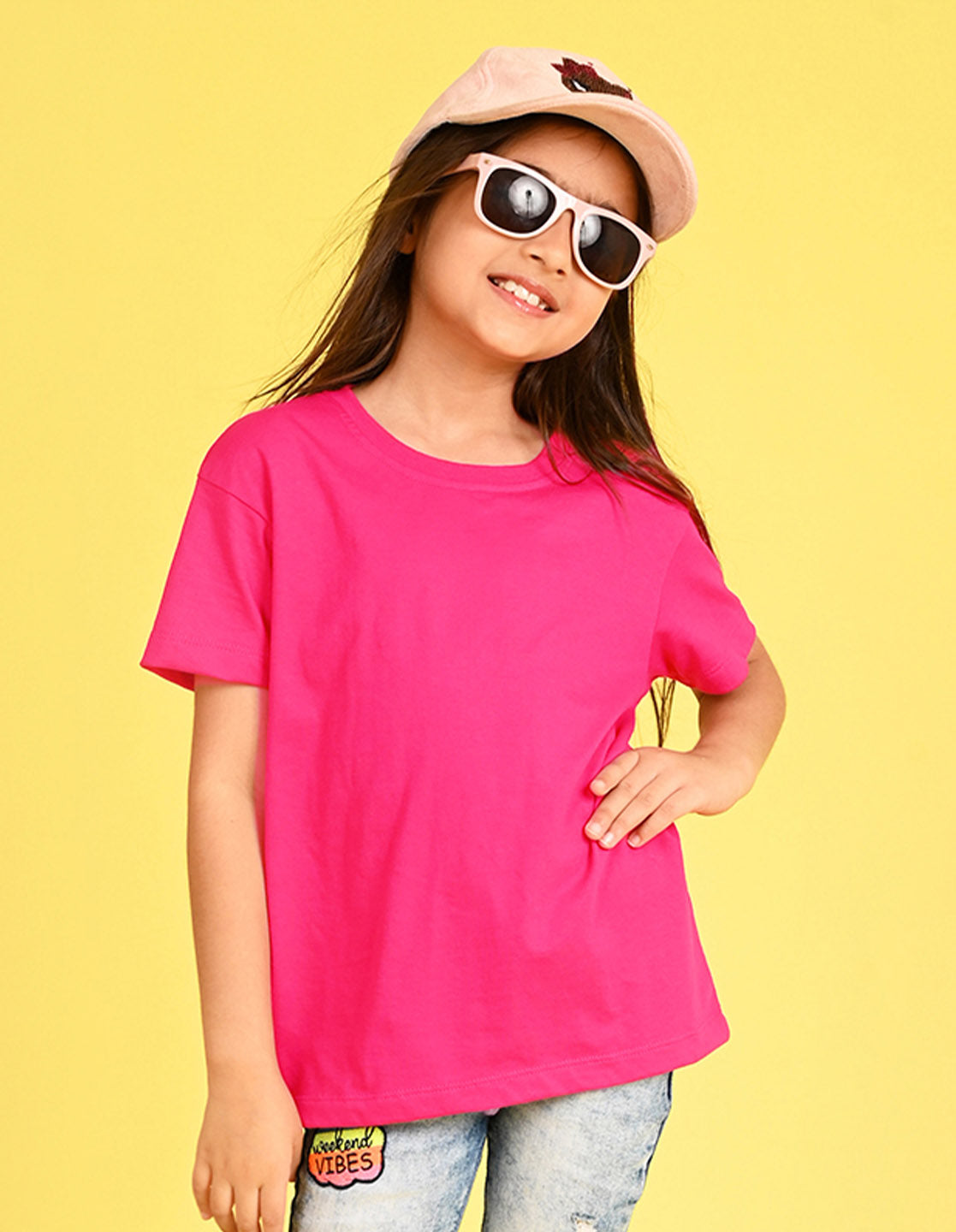 Nusyl Girl's Hot Pink Smiley Face Flower Printed Cotton blend Half Sleeve Drop Shoulder Oversized T-Shirt