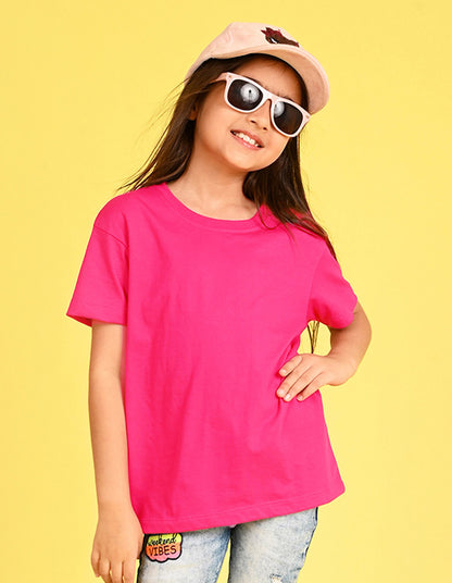 Nusyl Girl's Hot Pink Smiley Face Flower Printed Cotton blend Half Sleeve Drop Shoulder Oversized T-Shirt