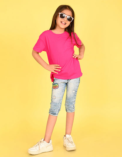 Nusyl Girl's Hot Pink Smiley Face Flower Printed Cotton blend Half Sleeve Drop Shoulder Oversized T-Shirt