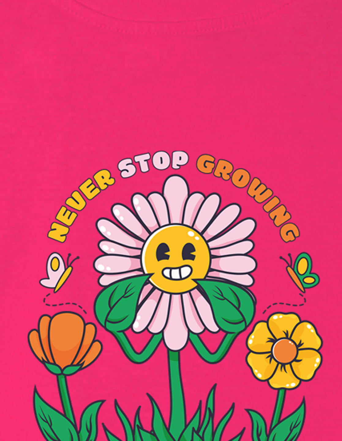 Nusyl Girl's Hot Pink Smiley Face Flower Printed Cotton blend Half Sleeve Drop Shoulder Oversized T-Shirt