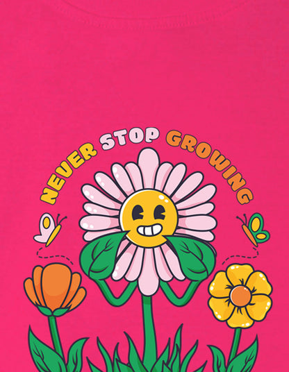 Nusyl Girl's Hot Pink Smiley Face Flower Printed Cotton blend Half Sleeve Drop Shoulder Oversized T-Shirt