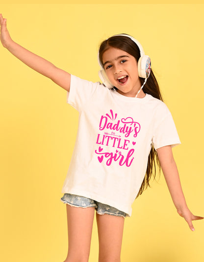 Nusyl Girl's White Daddy Little Girl Text Printed Cotton blend Half Sleeve Drop Shoulder Oversized T-Shirt