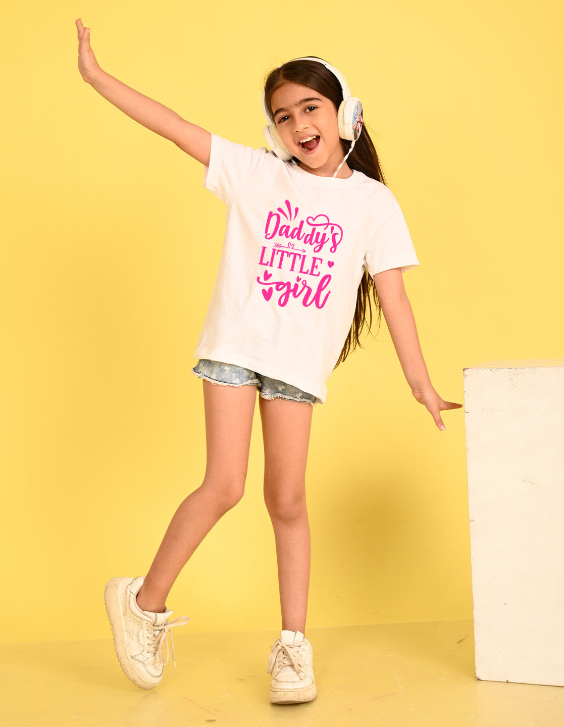 Nusyl Girl's White Daddy Little Girl Text Printed Cotton blend Half Sleeve Drop Shoulder Oversized T-Shirt