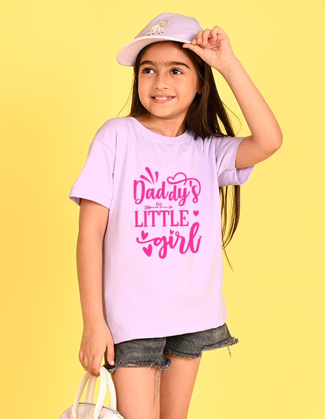 Nusyl Girl's Lilac Daddy Little Girl Text Printed Cotton blend Half Sleeve Drop Shoulder Oversized T-Shirt