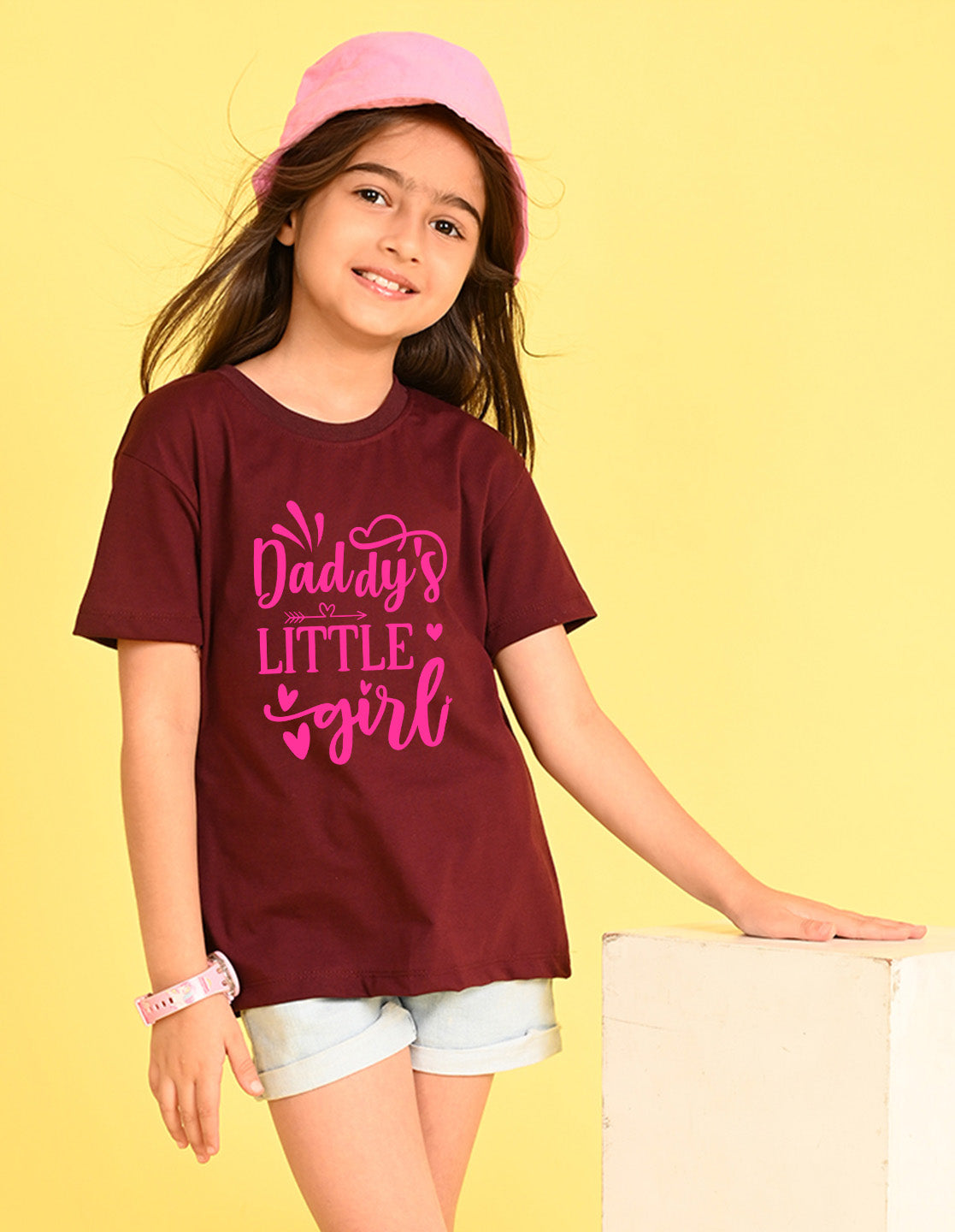 Nusyl Girl's Wine Daddy Little Girl Text Printed Cotton blend Half Sleeve Drop Shoulder Oversized T-Shirt