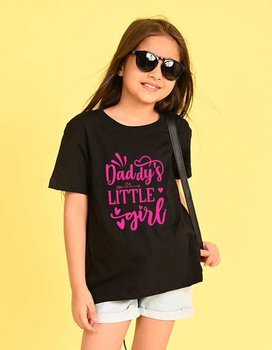 Nusyl Girl's Black Daddy Little Girl Text Printed Cotton blend Half Sleeve Drop Shoulder Oversized T-Shirt