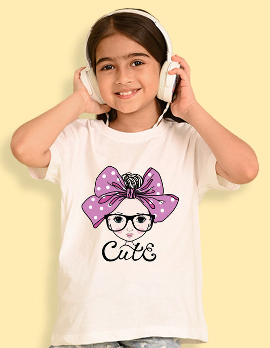 Nusyl Girls White Cute Girl & Text Printed  Short sleeve Cotton Blend Oversized T-shirts