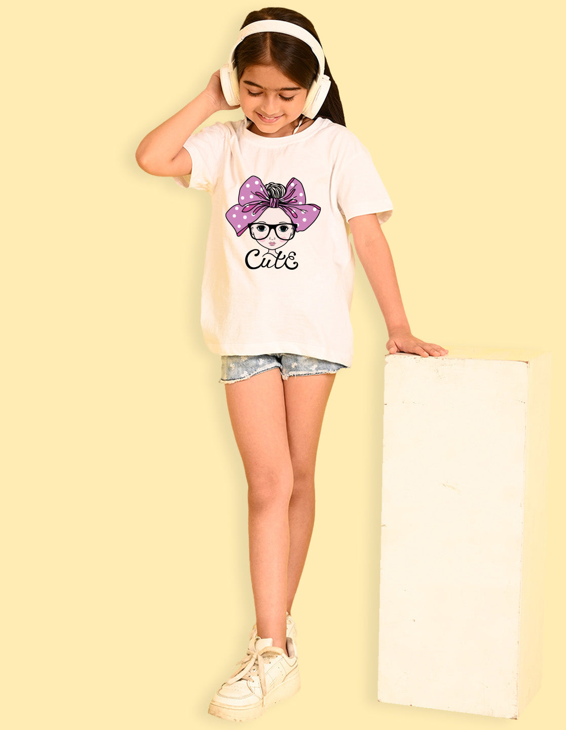 Nusyl Girls White Cute Girl & Text Printed  Short sleeve Cotton Blend Oversized T-shirts