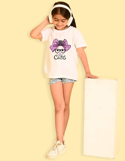 Nusyl Girls White Cute Girl & Text Printed  Short sleeve Cotton Blend Oversized T-shirts