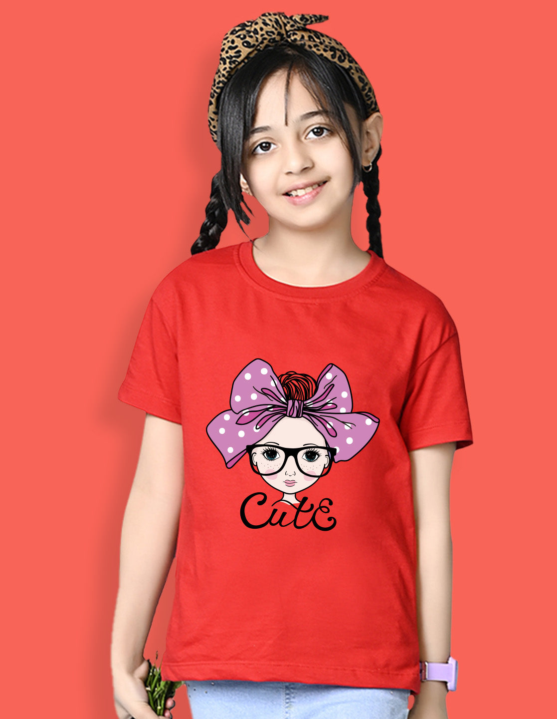 Nusyl Girls Red Cute Girl & Text Printed  Short sleeve Cotton Blend Oversized T-shirts