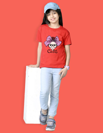 Nusyl Girls Red Cute Girl & Text Printed  Short sleeve Cotton Blend Oversized T-shirts