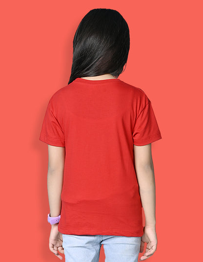 Nusyl Girls Red Cute Girl & Text Printed  Short sleeve Cotton Blend Oversized T-shirts