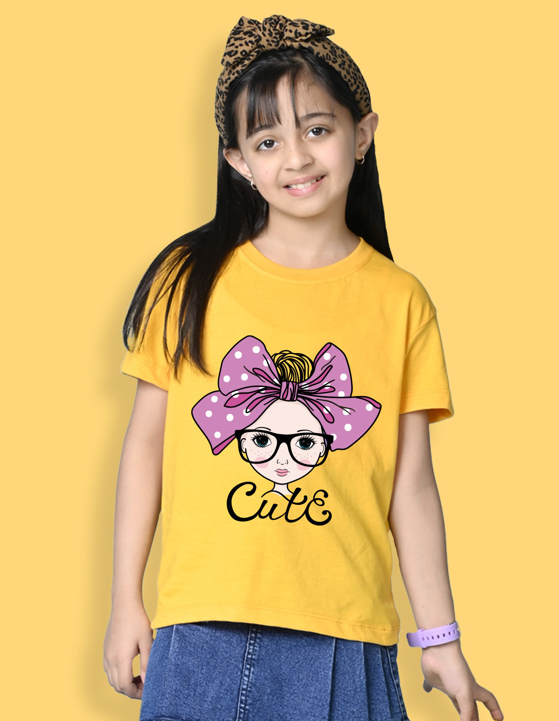 Nusyl Girls Yellow Cute Girl & Text Printed  Short sleeve Cotton Blend Oversized T-shirts