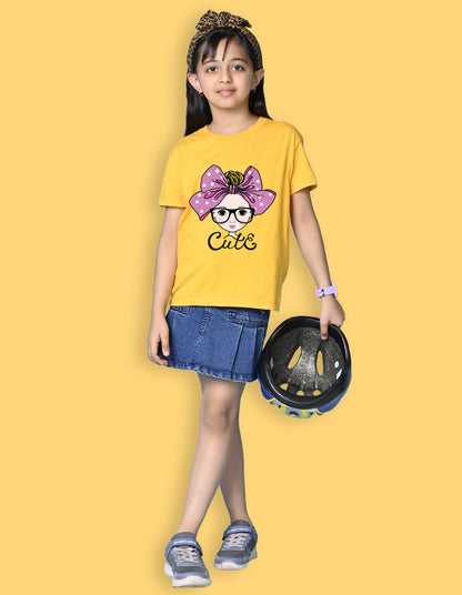 Nusyl Girls Yellow Cute Girl & Text Printed  Short sleeve Cotton Blend Oversized T-shirts