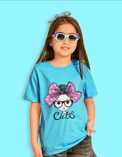 Nusyl Girls Sky Blue Cute Girl & Text Printed  Short sleeve Cotton Blend Oversized T-shirts