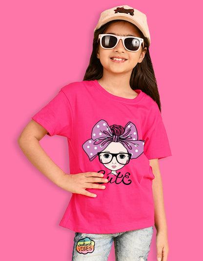 Nusyl Girls Hot Pink Cute Girl & Text Printed  Short sleeve Cotton Blend Oversized T-shirts