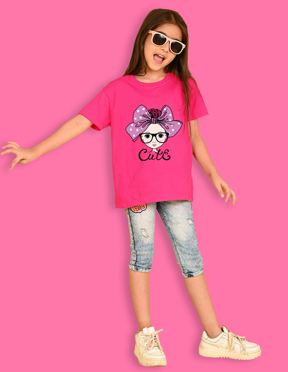 Nusyl Girls Hot Pink Cute Girl & Text Printed  Short sleeve Cotton Blend Oversized T-shirts