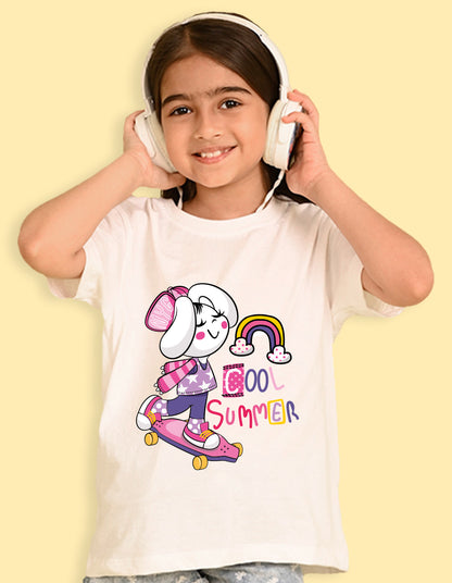 Nusyl Girls White Cool Summer Text  Printed  Short sleeve Cotton Blend Oversized T-shirts