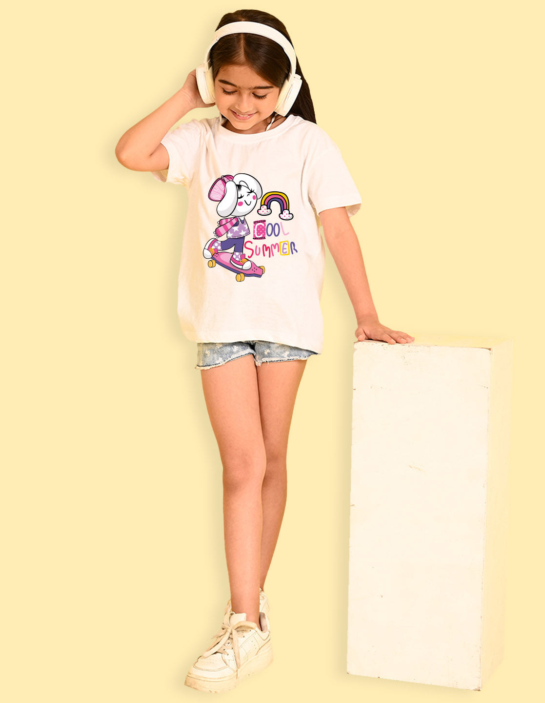 Nusyl Girls White Cool Summer Text  Printed  Short sleeve Cotton Blend Oversized T-shirts