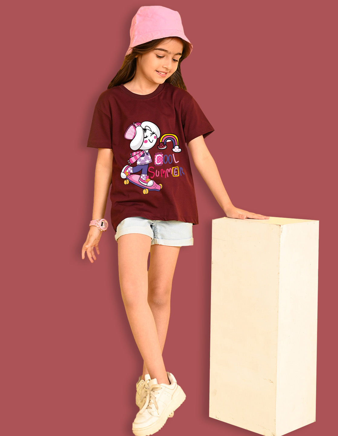 Nusyl Girls Wine Cool Summer Text  Printed  Short sleeve Cotton Blend Oversized T-shirts