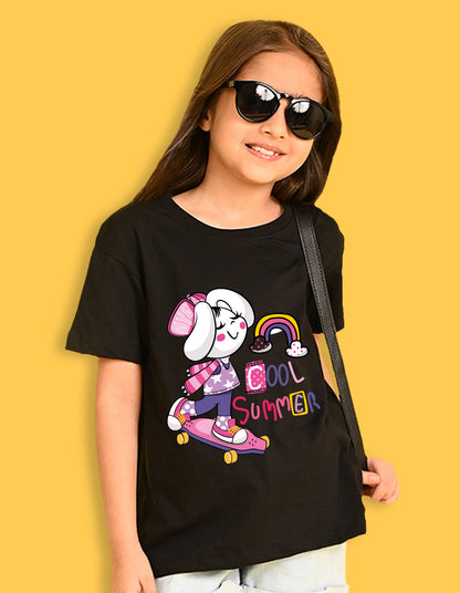 Nusyl Girls Black Cool Summer Text  Printed  Short sleeve Cotton Blend Oversized T-shirts