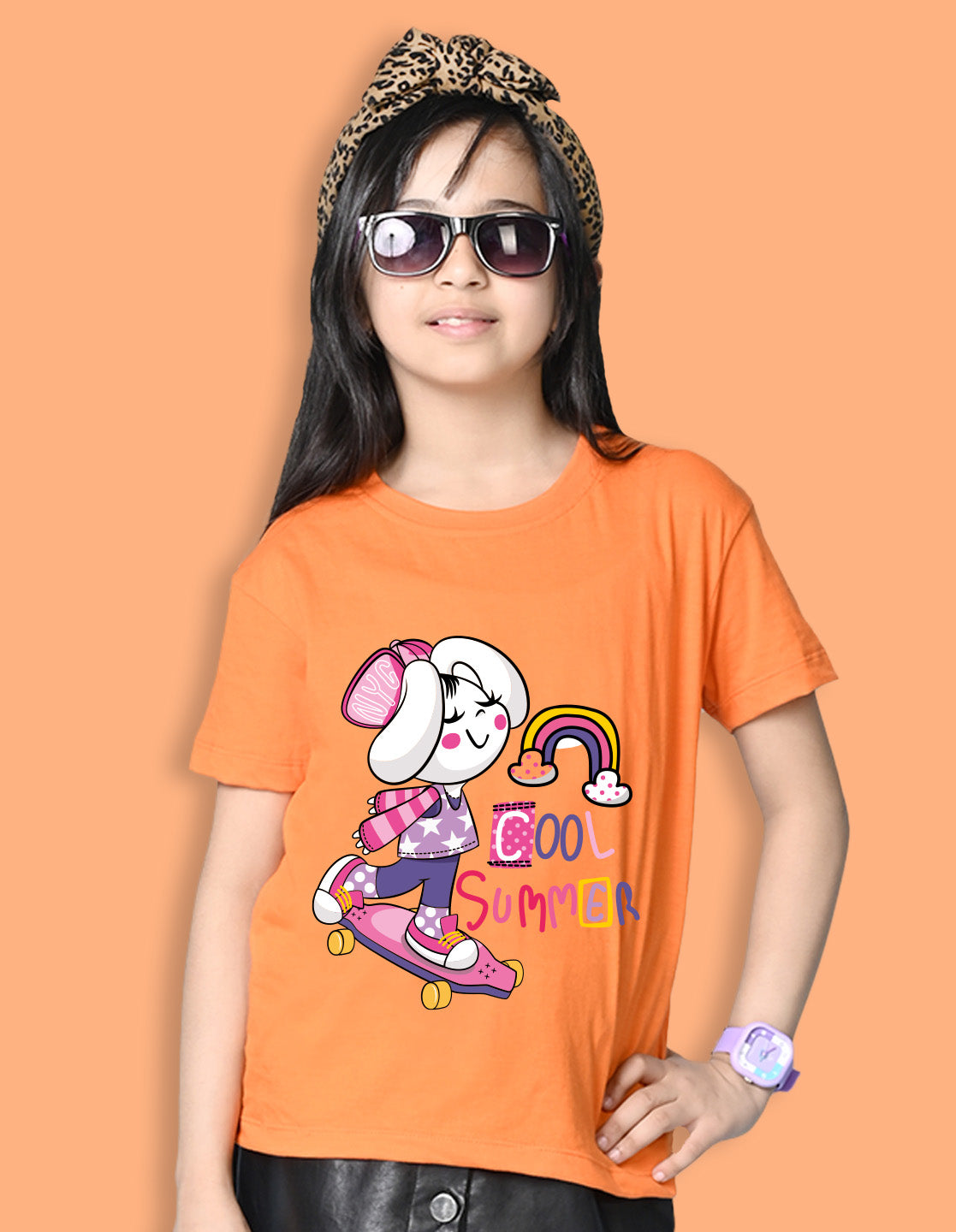 Nusyl Girls Orange Cool Summer Text  Printed  Short sleeve Cotton Blend Oversized T-shirts