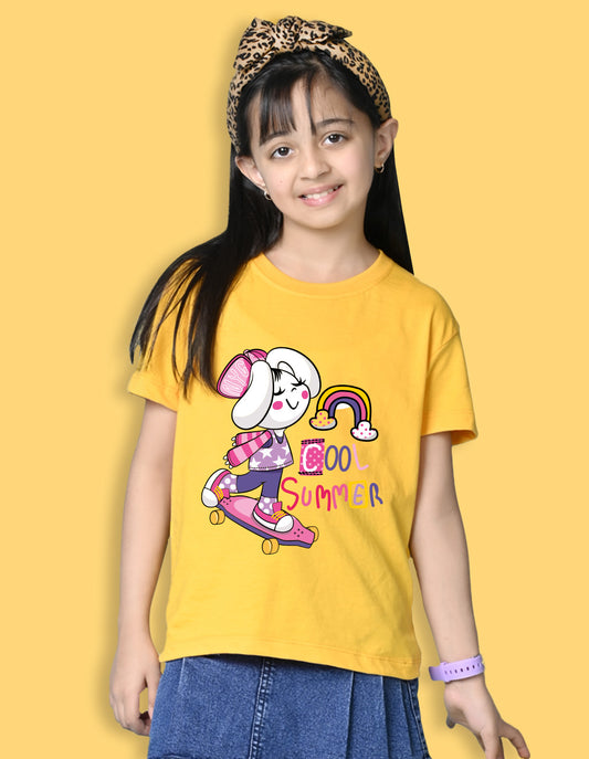 Nusyl Girls Yellow Cool Summer Text  Printed  Short sleeve Cotton Blend Oversized T-shirts