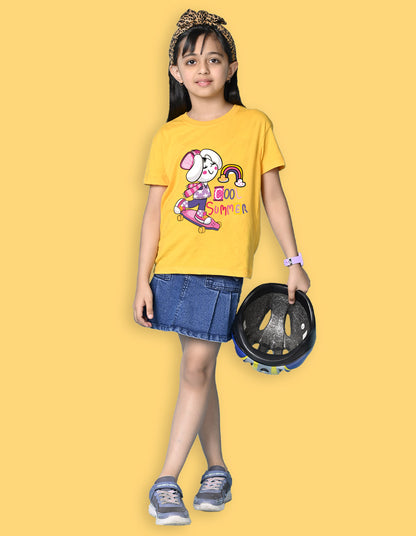 Nusyl Girls Yellow Cool Summer Text  Printed  Short sleeve Cotton Blend Oversized T-shirts