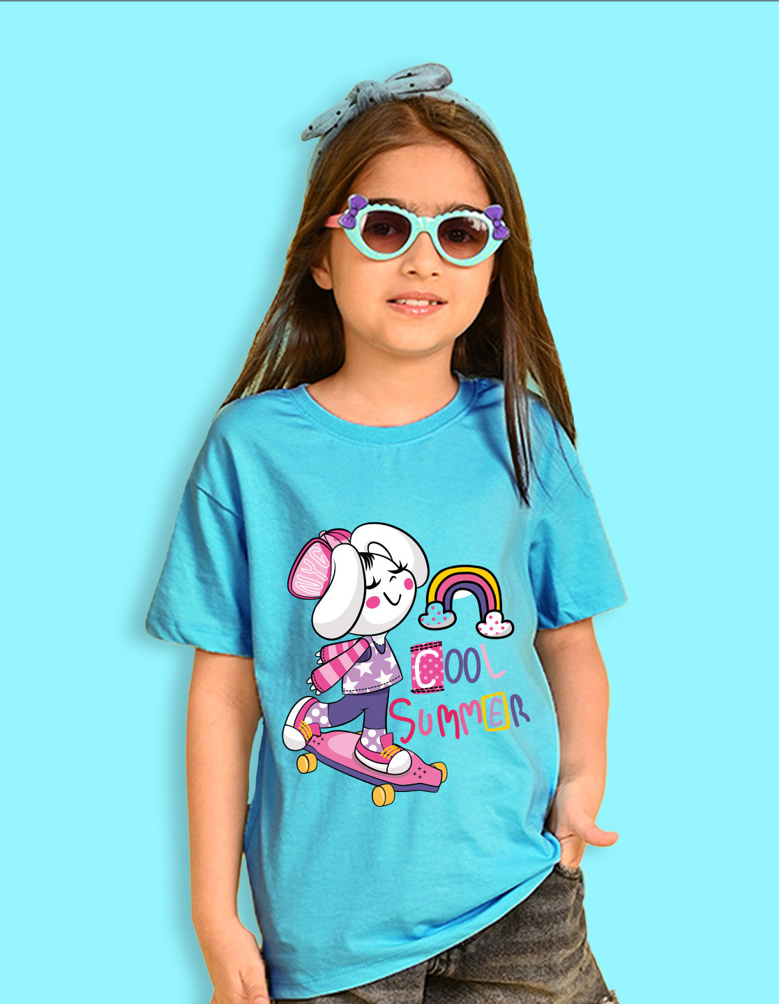 Nusyl Girls Sky Blue Cool Summer Text  Printed  Short sleeve Cotton Blend Oversized T-shirts